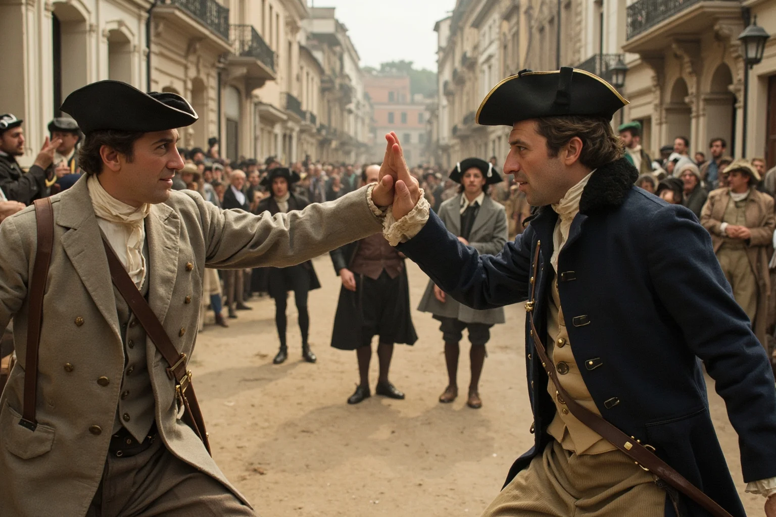 A dueling second stepping between two angry gentlemen, holding up a hand for peace, 18th-century street setting.