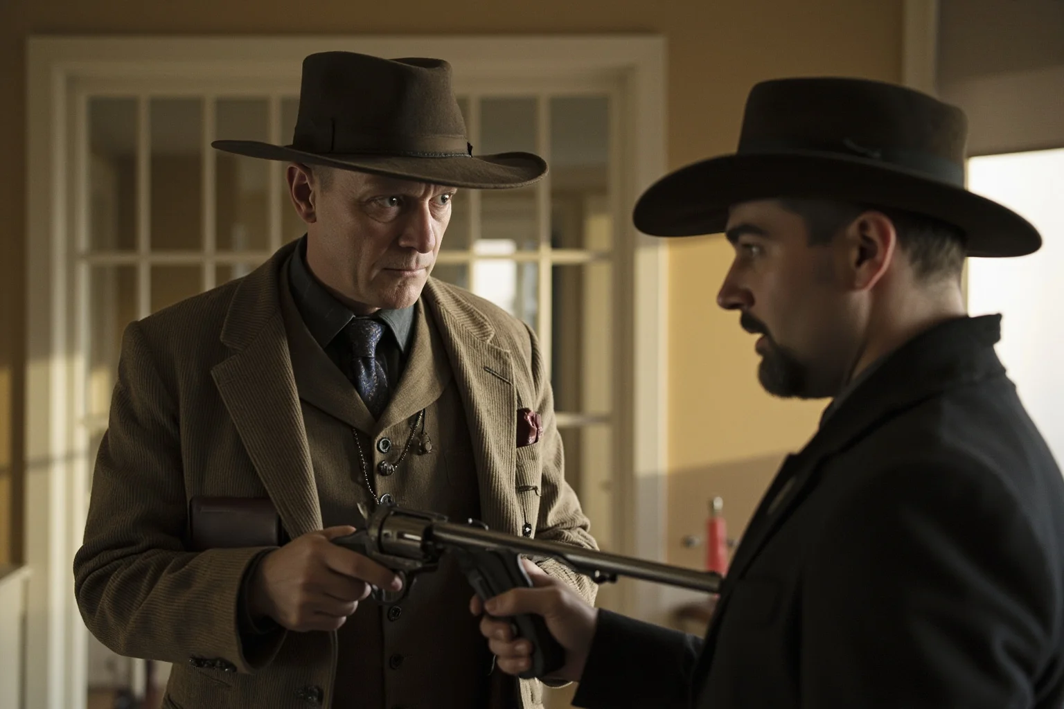 A duelist choosing a pistol from a case while his opponent looks on, seconds in discussion, period room.