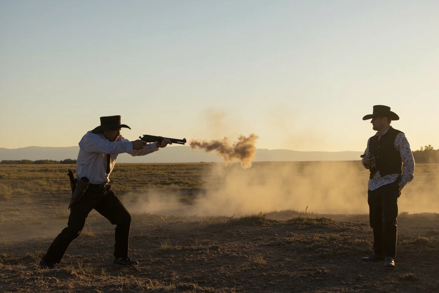 A duelist deliberately firing his pistol into the ground while his opponent watches, smoke rising, early morning field.