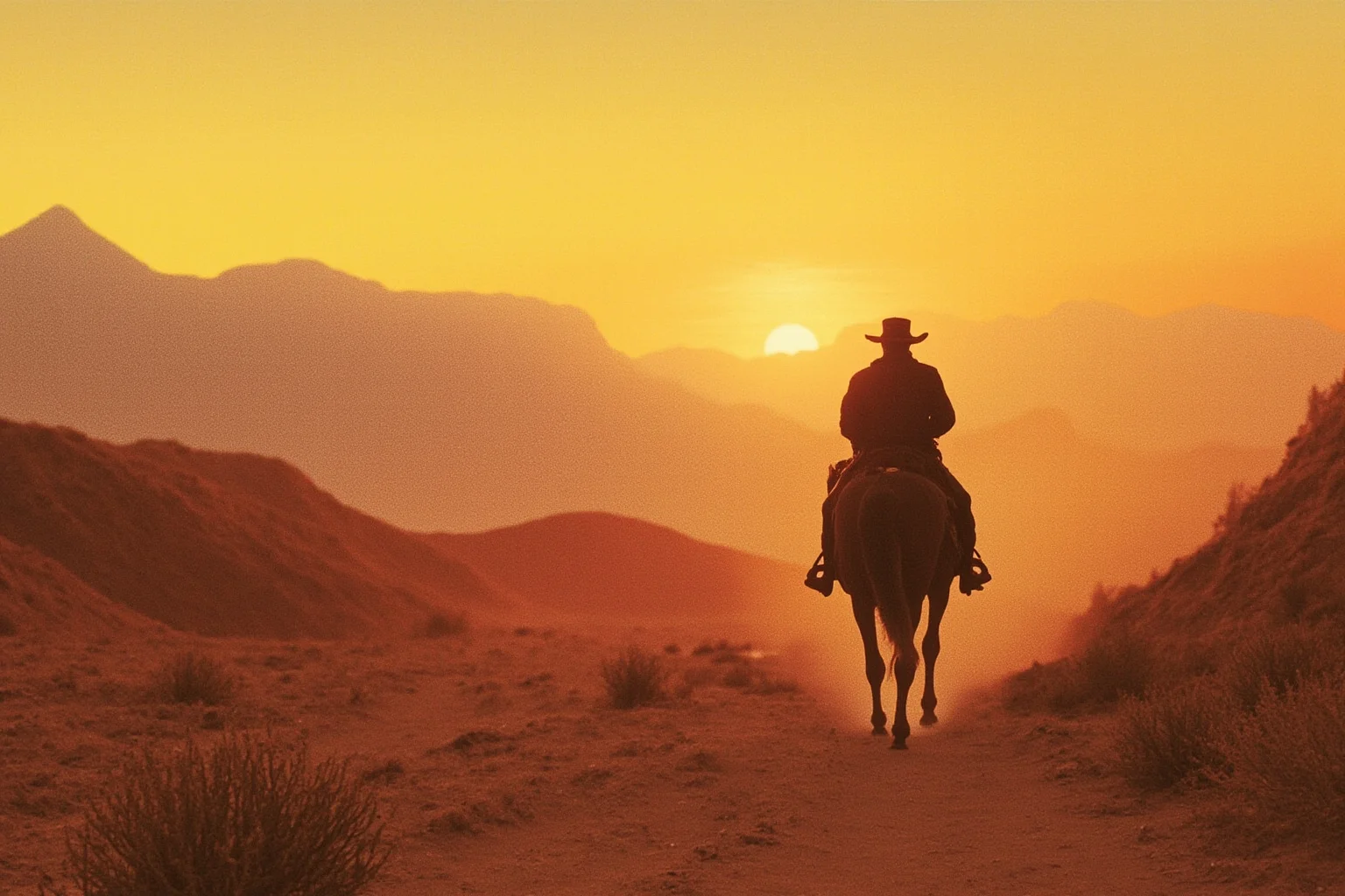 Ambrose Bierce: The Famous Author Who Vanished Into Thin Air 3 A dusty desert trail in northern Mexico circa 1913, a lone traveler on horseback riding away toward distant mountains at sunset, historical illustration style