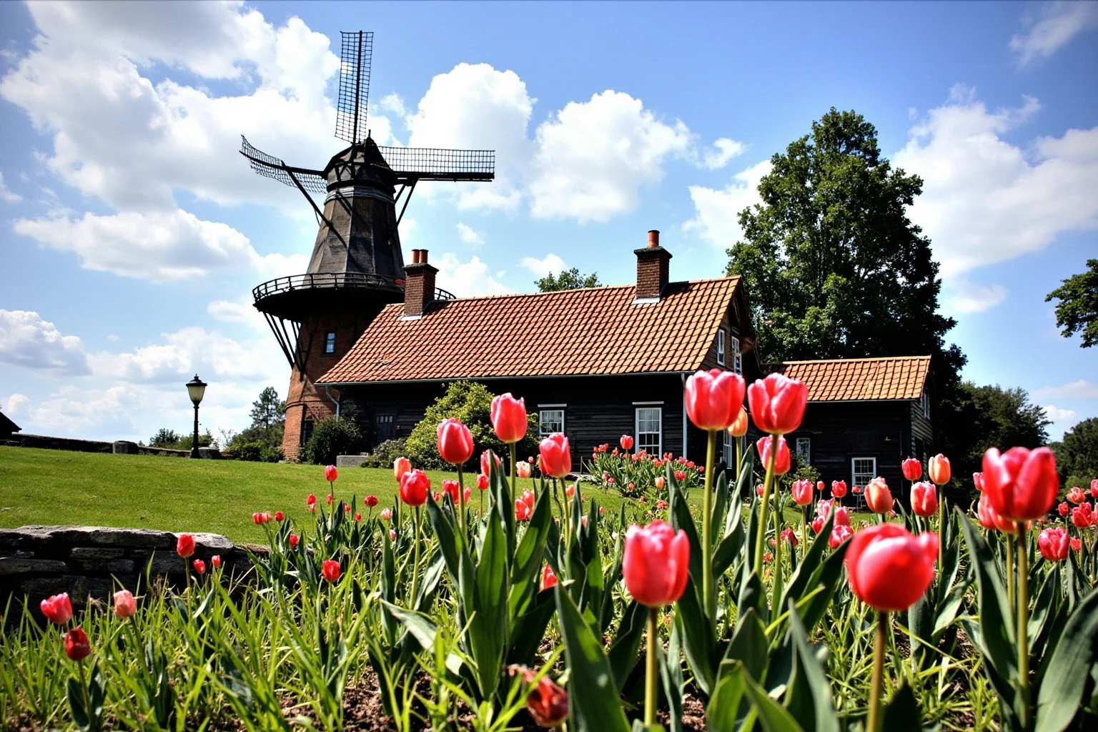 A Dutch-style windmill and tulips near a historic New York cottage, 19th-century setting, no people.