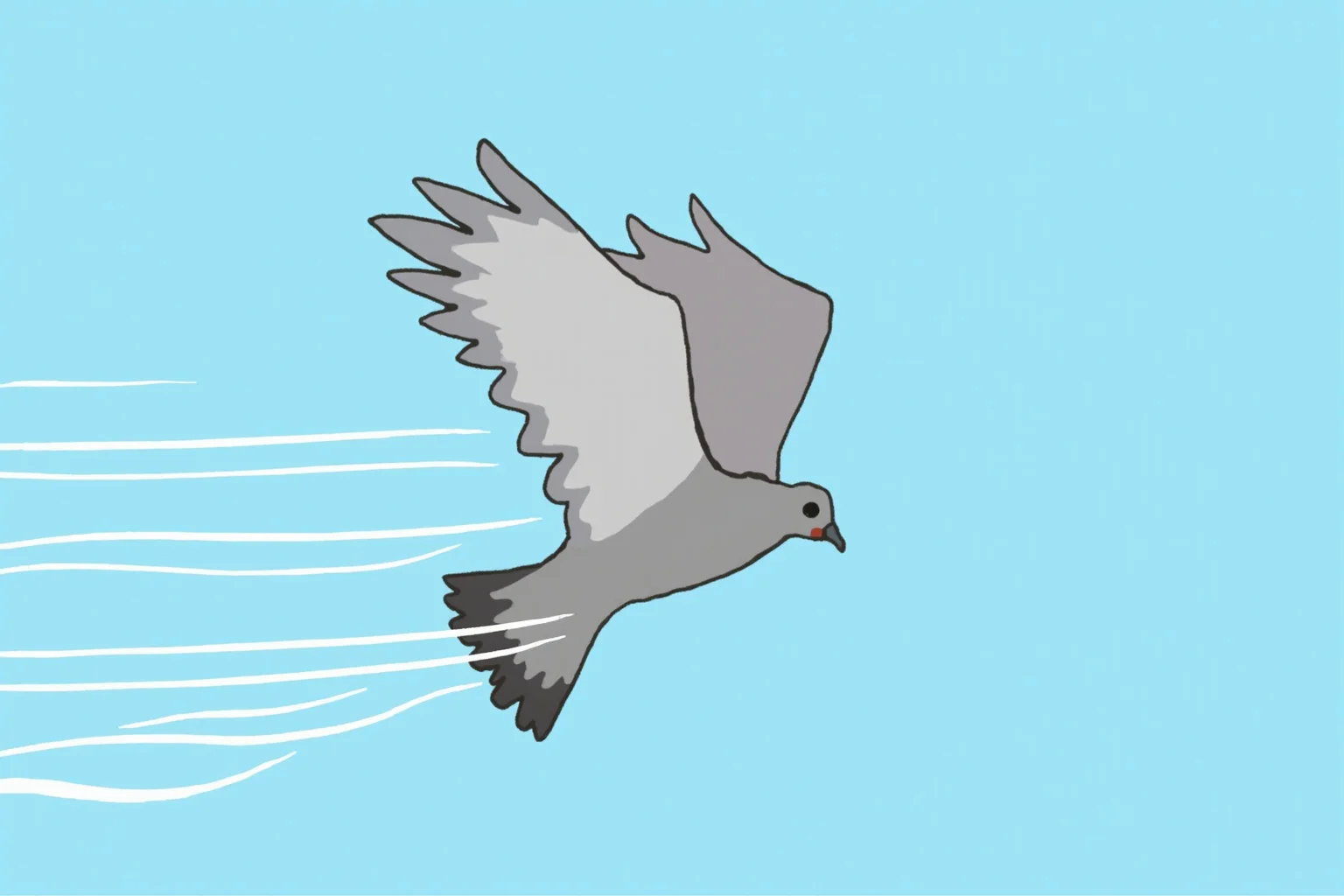 A dynamic illustration of a racing pigeon in flight with motion lines indicating speed, wings spread against a blue sky