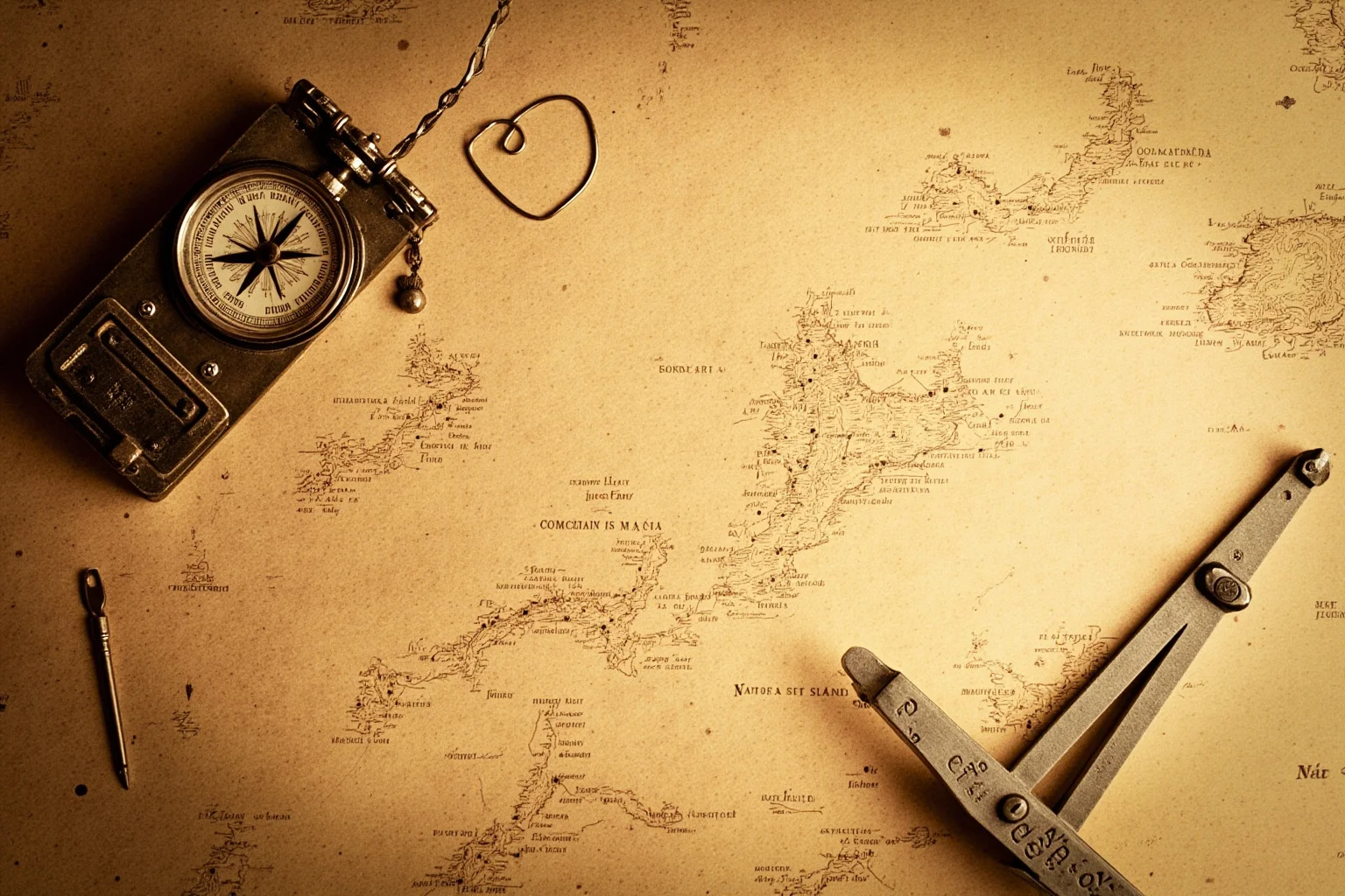 A faint topographic map of a remote Pacific island with vintage nautical instruments, compass and sextant, sepia tones, evoking a nineteenth-century voyage of discovery
