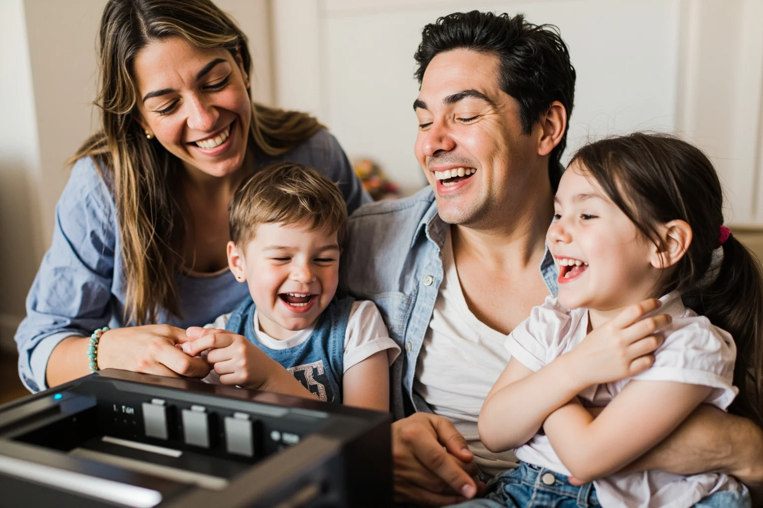 A family gathered around a radio, listening to a comedy show and laughing together.