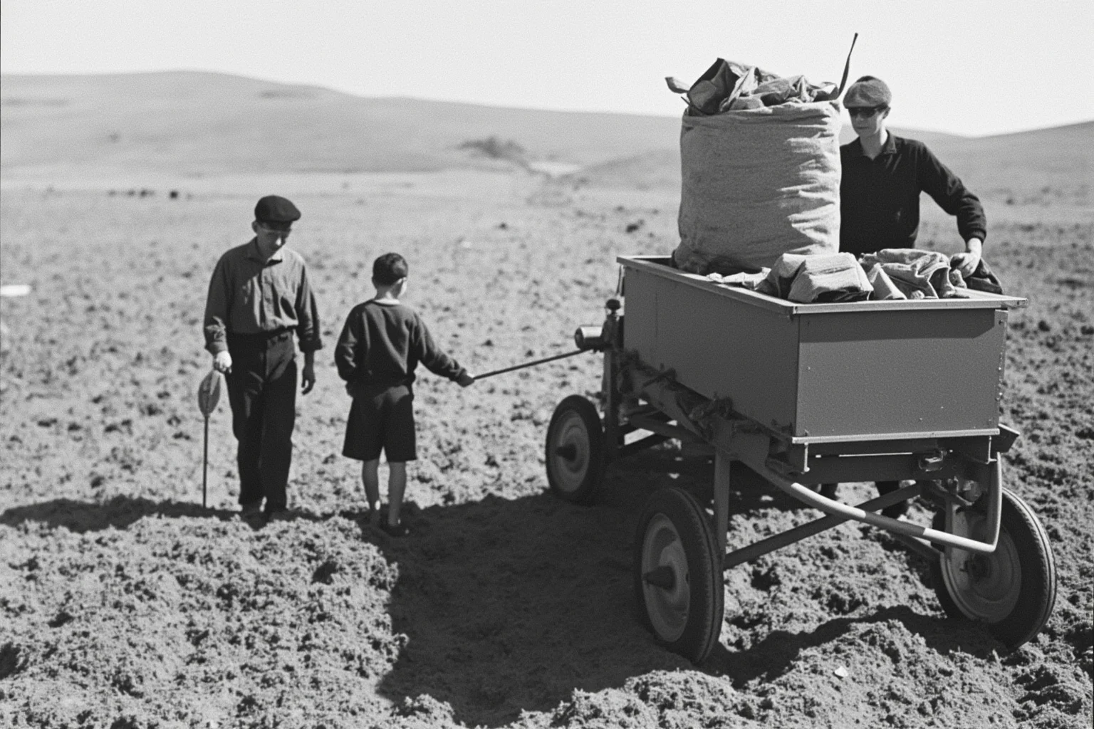 A family loading a car with belongings, leaving a dusty farm during the Dust Bowl migration.