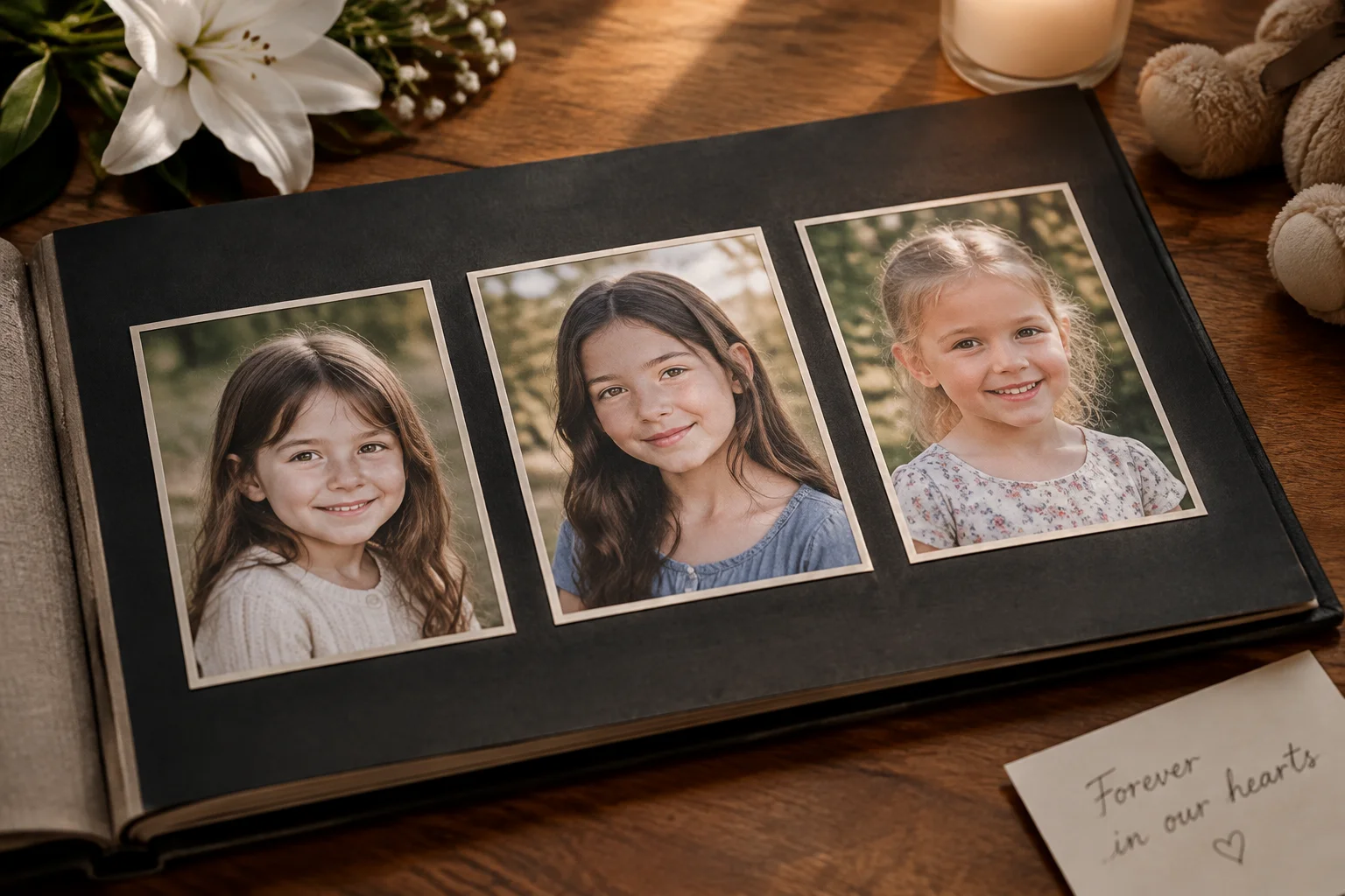 The Horrifying Camp Scott Incident That Still Haunts Oklahoma 9 A family photo album with three girls' portraits, representing the families' loss.