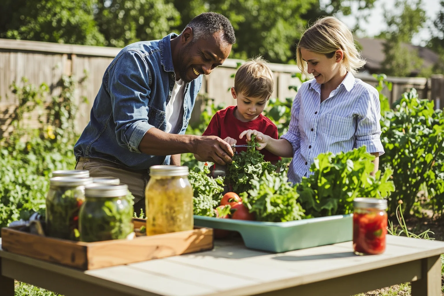 A family tending a backyard vegetable garden with canning jars on a wooden table nearby.