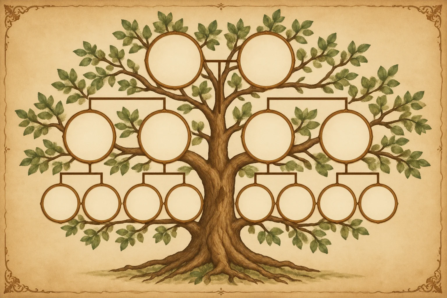 The Election Decided By A Dead Man: The True Story of Missouri's 2000 Senate Race 10 A family tree illustration on parchment with blank circular frames connected by lines, generic and unlabeled.
