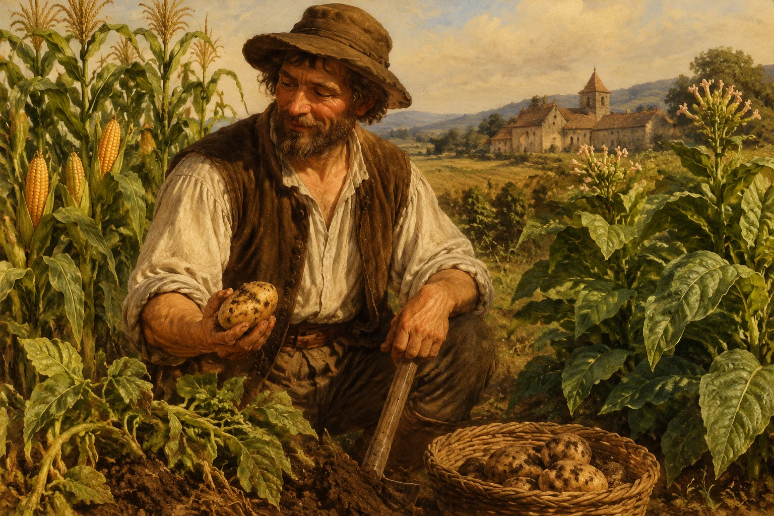 A farmer in 16th-century Europe holding a freshly dug potato, with maize and tobacco plants nearby, warm earthy painting style