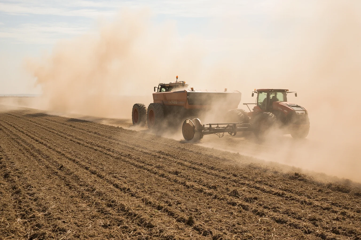 A farmer using contour plowing on a dry field with dust clouds in the background.