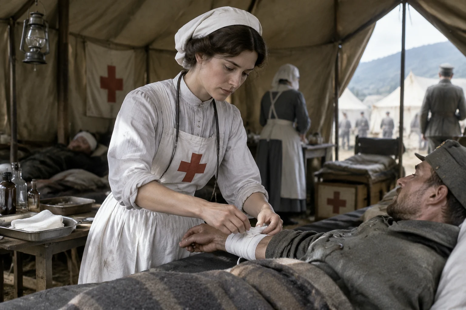 A female doctor in early 20th-century medical attire tending to patients in a field hospital in Serbia, safe for work.