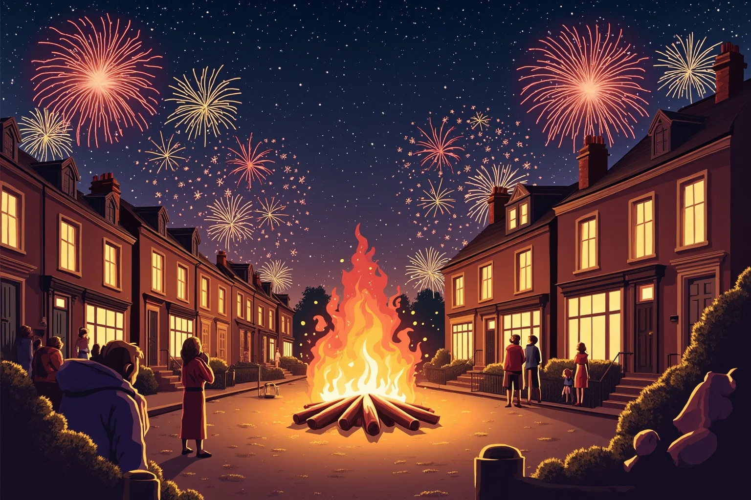 Today in History: Guy Fawkes and the Gunpowder Plot to Blow Up Parliament 3 A festive modern Bonfire Night scene in an English town, with a large bonfire, fireworks bursting over rooftops, and families watching, warm colors, illustrated style