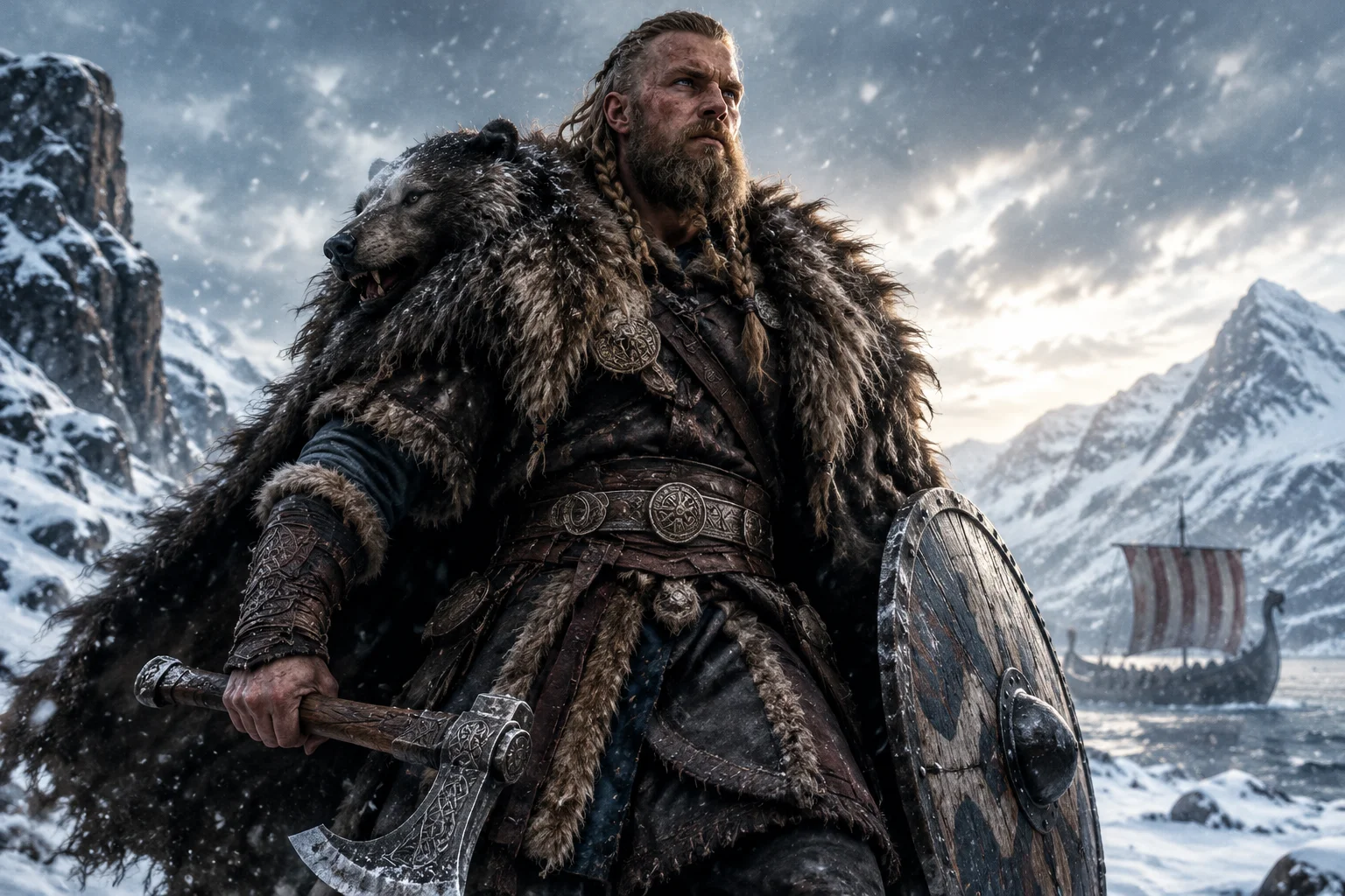 A fierce Viking warrior in a bearskin shirt standing in a snowy landscape, dramatic heroic illustration.