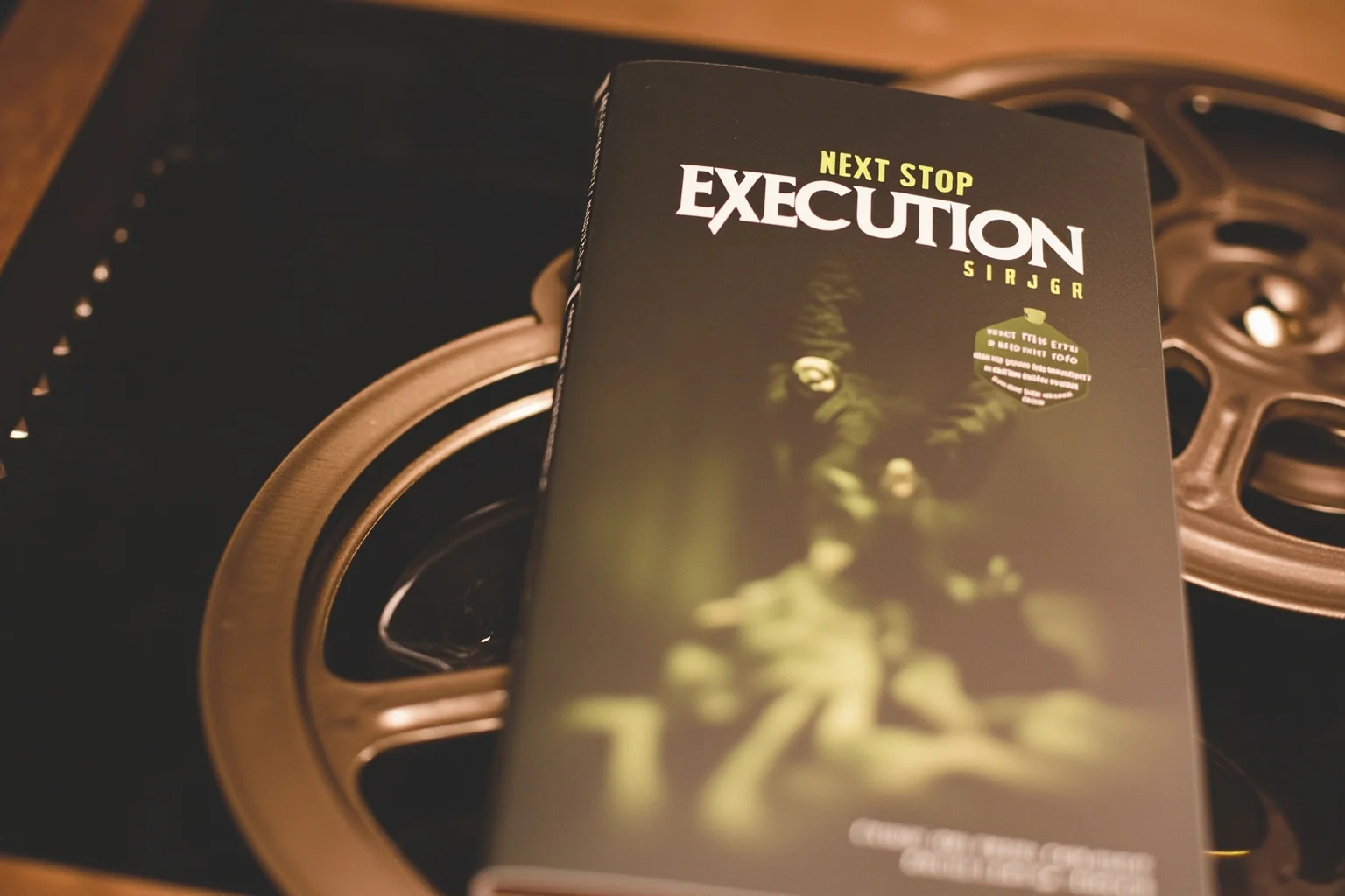 A film reel and a book titled 'Next Stop Execution'.