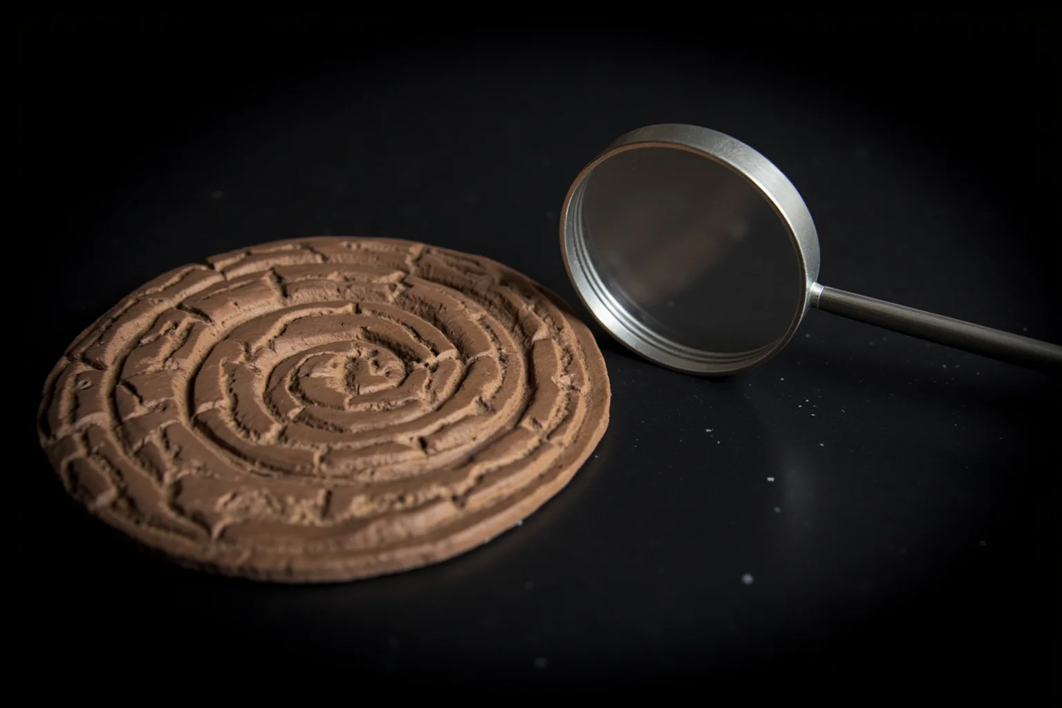 A fired clay disc with stamped symbols arranged in a spiral, on a dark surface, with a magnifying glass, dramatic lighting.