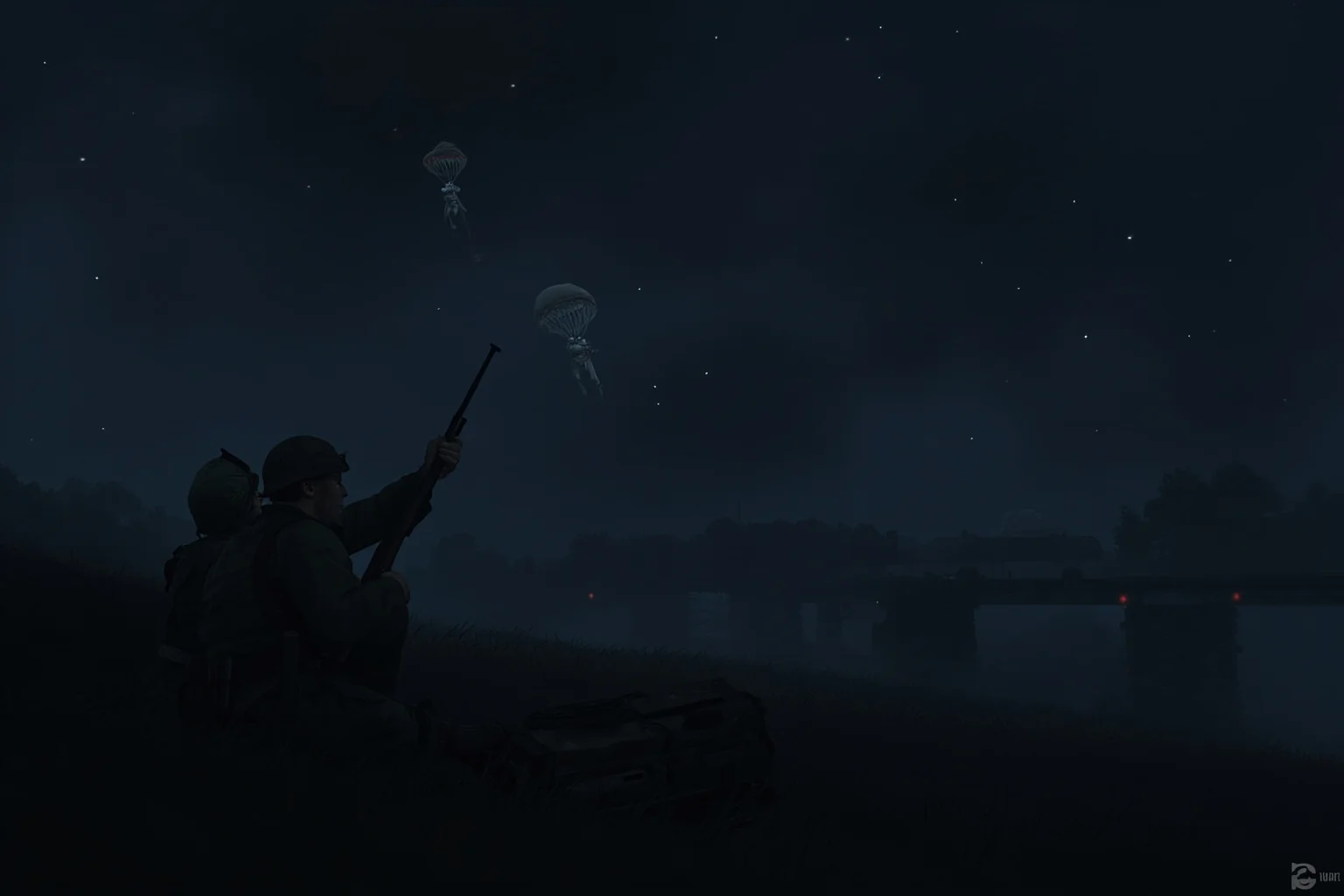 The Craziest Examples of the Butterfly Effect Throughout History 11 A fog-of-war illustration of WWII paratroopers descending into a dark Dutch field at night, a broken radio set and scattered equipment nearby, faint outlines of a bridge in the distance.