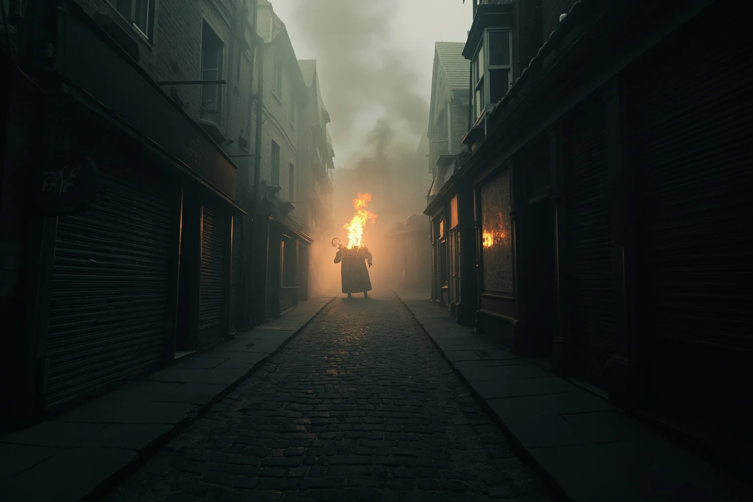 A foggy 1780s London street with a burning effigy in the distance, cobblestones, shuttered shopfronts, dramatic smoky light.
