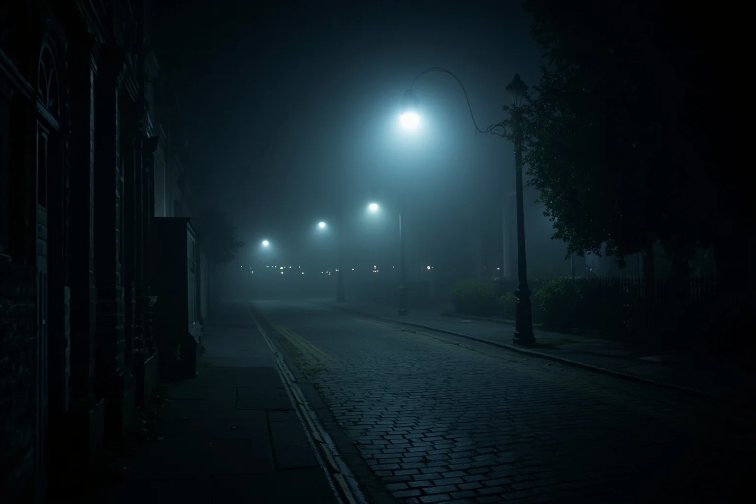 A foggy cobblestone street in Victorian London at night under a gas lamp, empty and atmospheric, no people visible