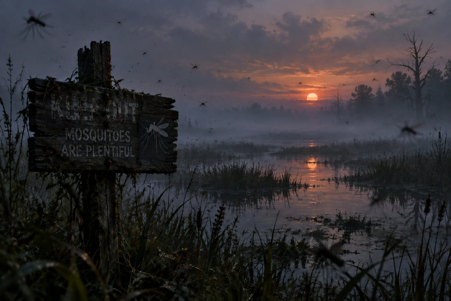 A foggy marshland at dusk with mosquitoes and an old wooden sign, moody atmospheric illustration.