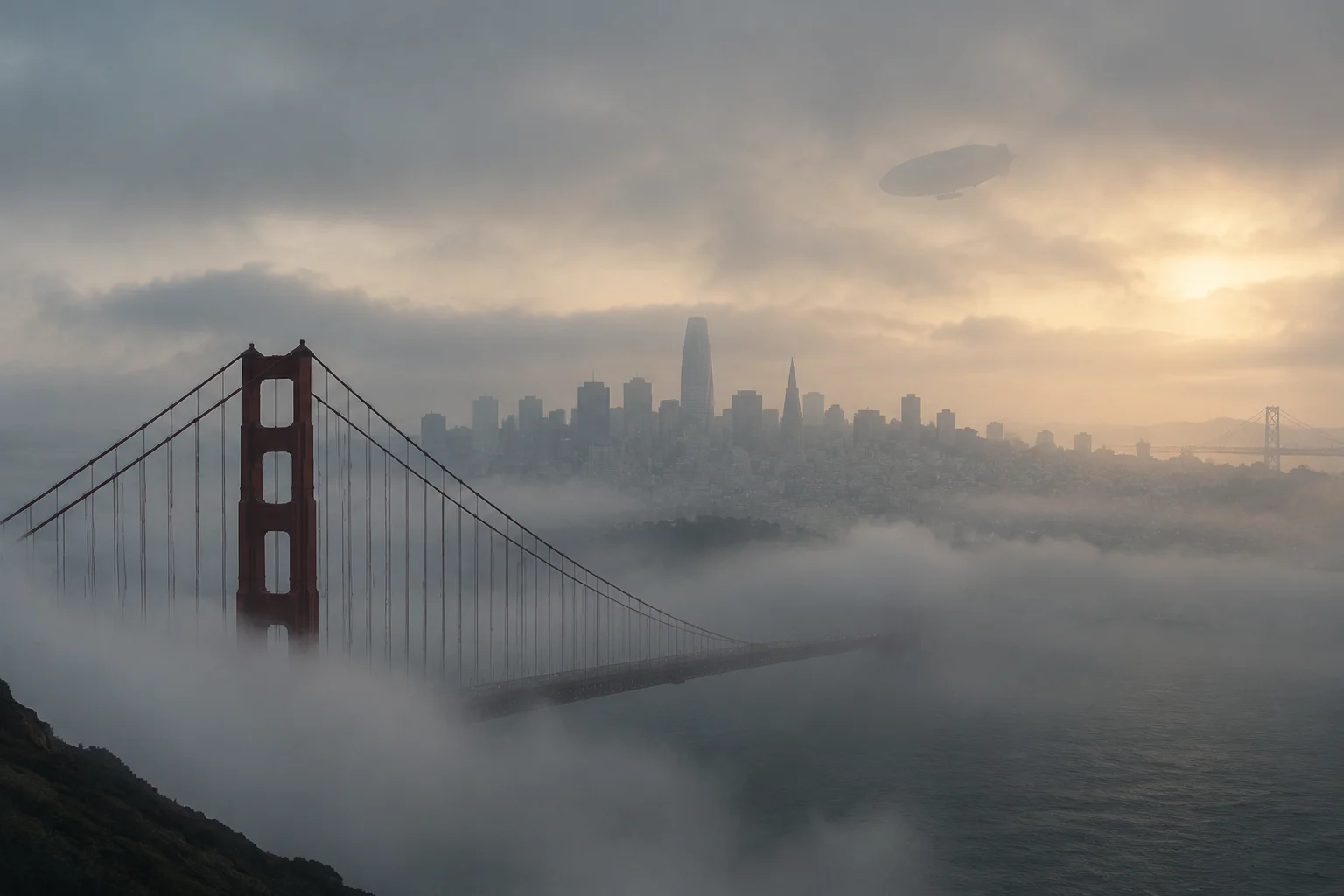 Ghost Blimp 1942: The WWII Blimp That Landed in San Francisco Without a Crew 17 A foggy San Francisco skyline with a faint, ghostly blimp silhouette in the distance, artistic interpretation.
