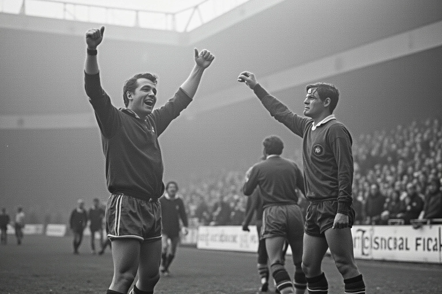 The Greatest Underdog Stories in History: 20 Unlikely Wins That Still Inspire 19 A football stadium in Switzerland in the 1950s with players celebrating an upset in the rain, vintage photography style, no real faces.