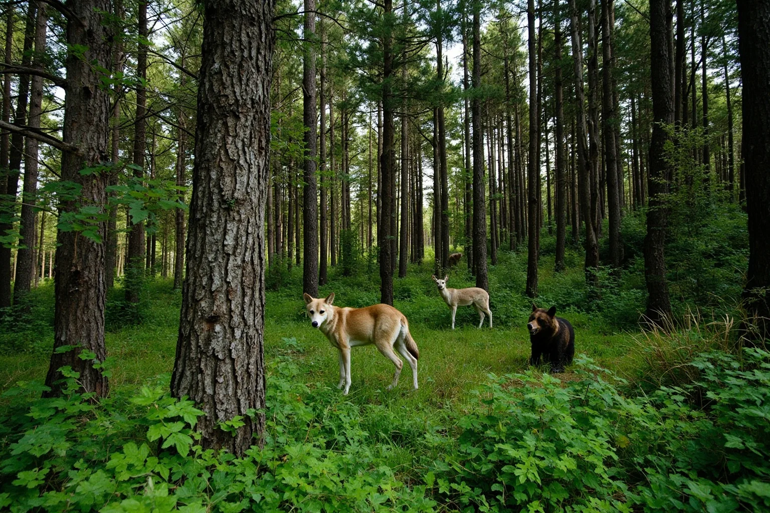 A forest scene with wolves, deer, and a bear in the Chernobyl exclusion zone, lush green vegetation, wildlife thriving.