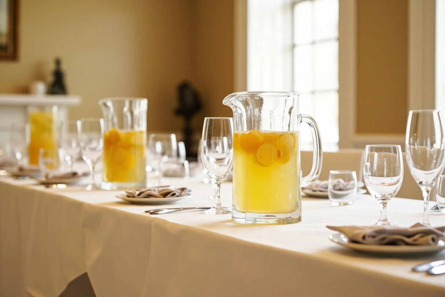 A formal White House-style dining table with pitchers of lemonade instead of wine glasses, no people.