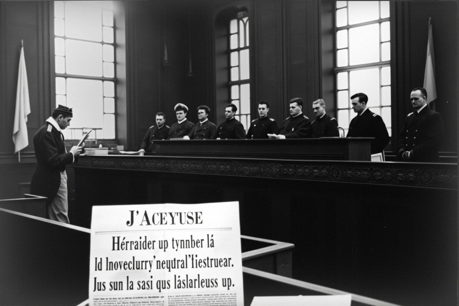 A French military courtroom scene from the 1890s showing a lone officer standing trial before stern judges, with a newspaper bearing the headline 'J'Accuse' in the foreground, representing the Dreyfus Affair