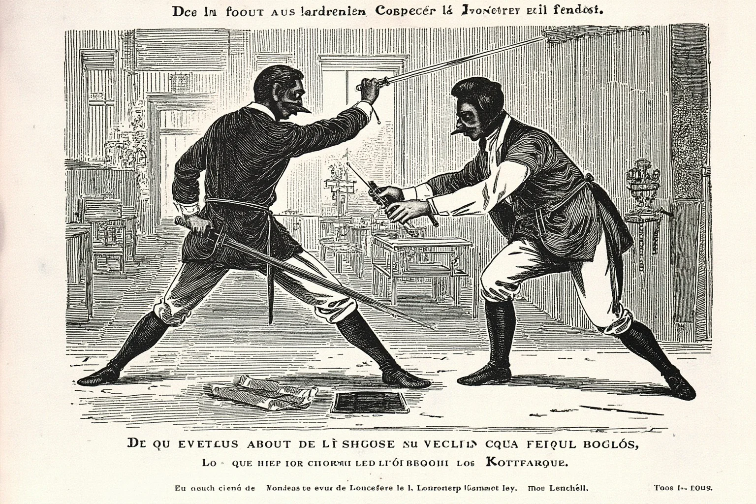 A French newspaper illustration of a sword duel between two men in a fencing salon, 19th-century style.