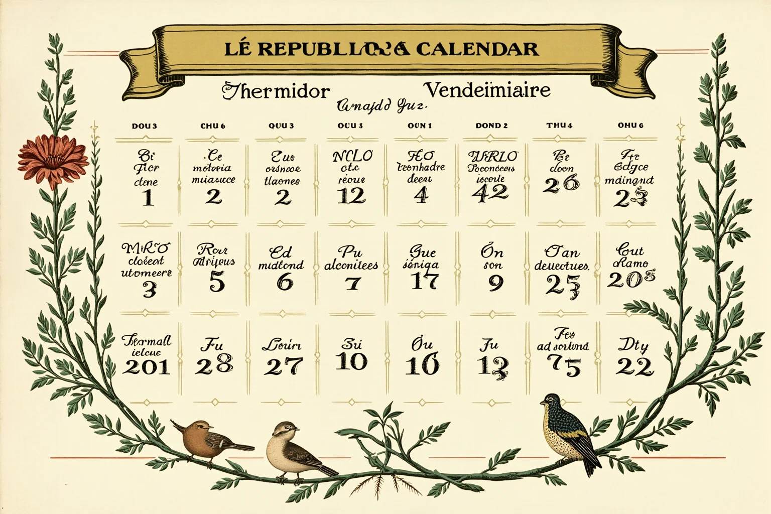 Fascinating Facts About The French Revolution 11 A French Republican Calendar with months like Thermidor and Vendémiaire, surrounded by nature symbols, vintage design.