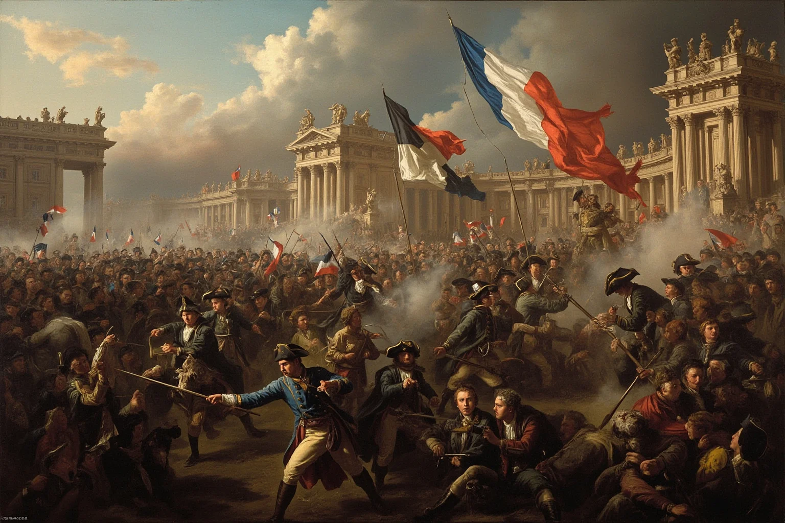 22 Evil Dictators Who Were Eventually Overthrown 3 A French revolutionary crowd storming a palace, tricolor flags, 18th-century clothing, no detectable faces.