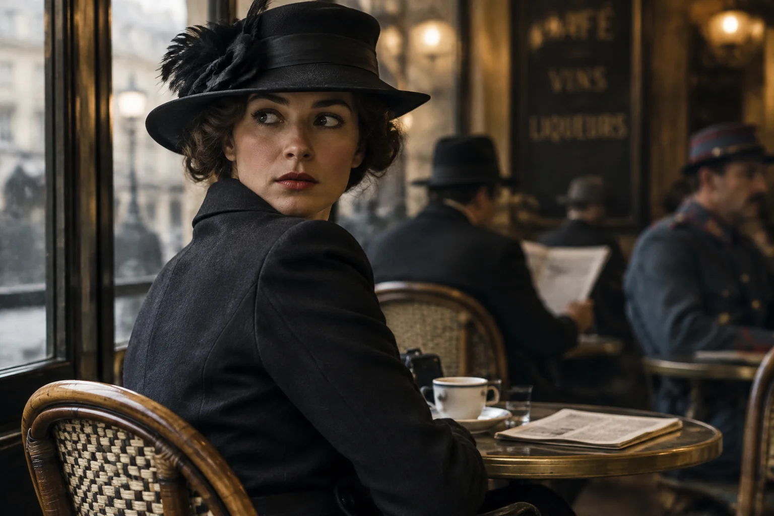A French woman spy in a café, looking over her shoulder, WWI era, safe for work.