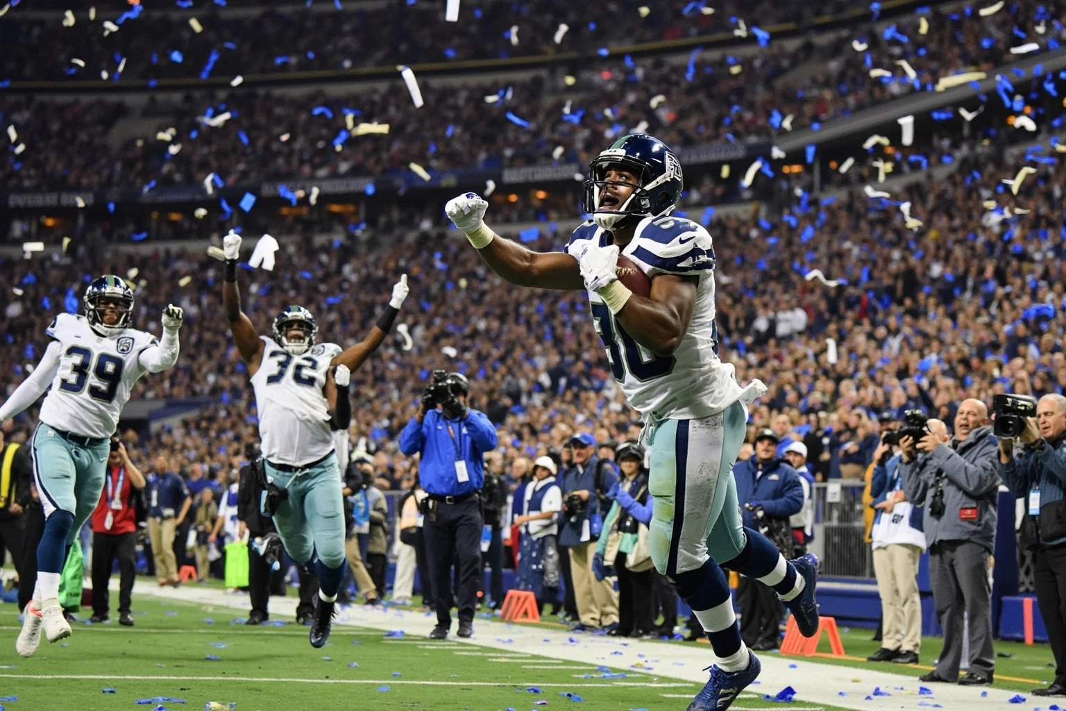 A game-winning touchdown catch in the final minutes of a championship, generic uniforms, no real logos or names, confetti falling.