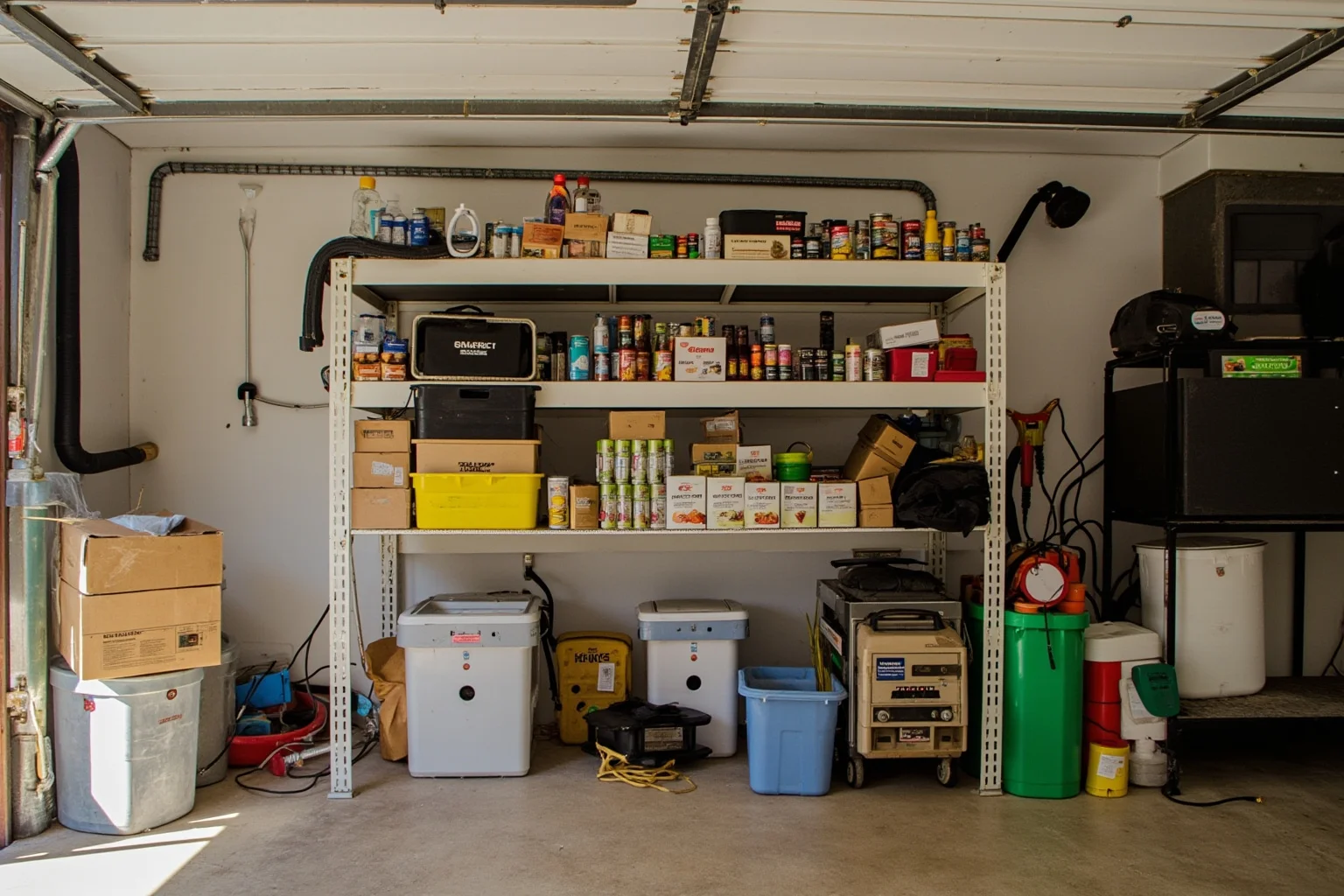 A garage shelf stocked with emergency supplies — canned food, bottled water, a generator, batteries, and a hand-crank radio — late 1990s suburban setting