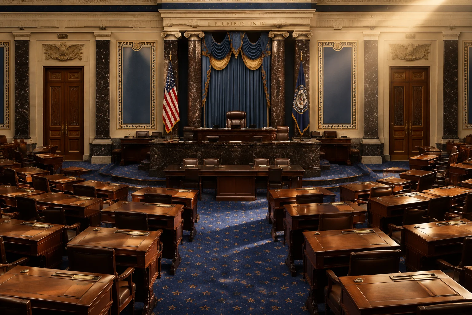 The Election Decided By A Dead Man: The True Story of Missouri's 2000 Senate Race 7 A generic U.S. Senate chamber illustration with rows of wooden desks and a soft spotlight, no identifiable individuals.