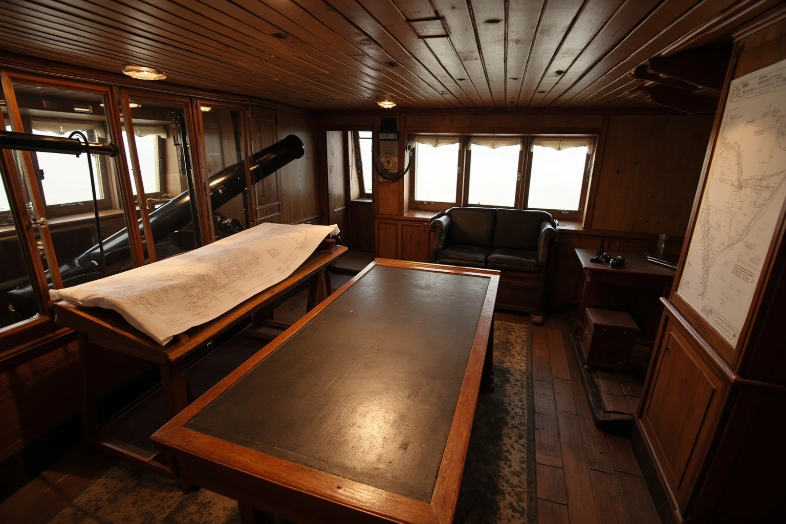 A Georgian-era naval captain's cabin with charts, a telescope, and a wooden desk, no people visible.