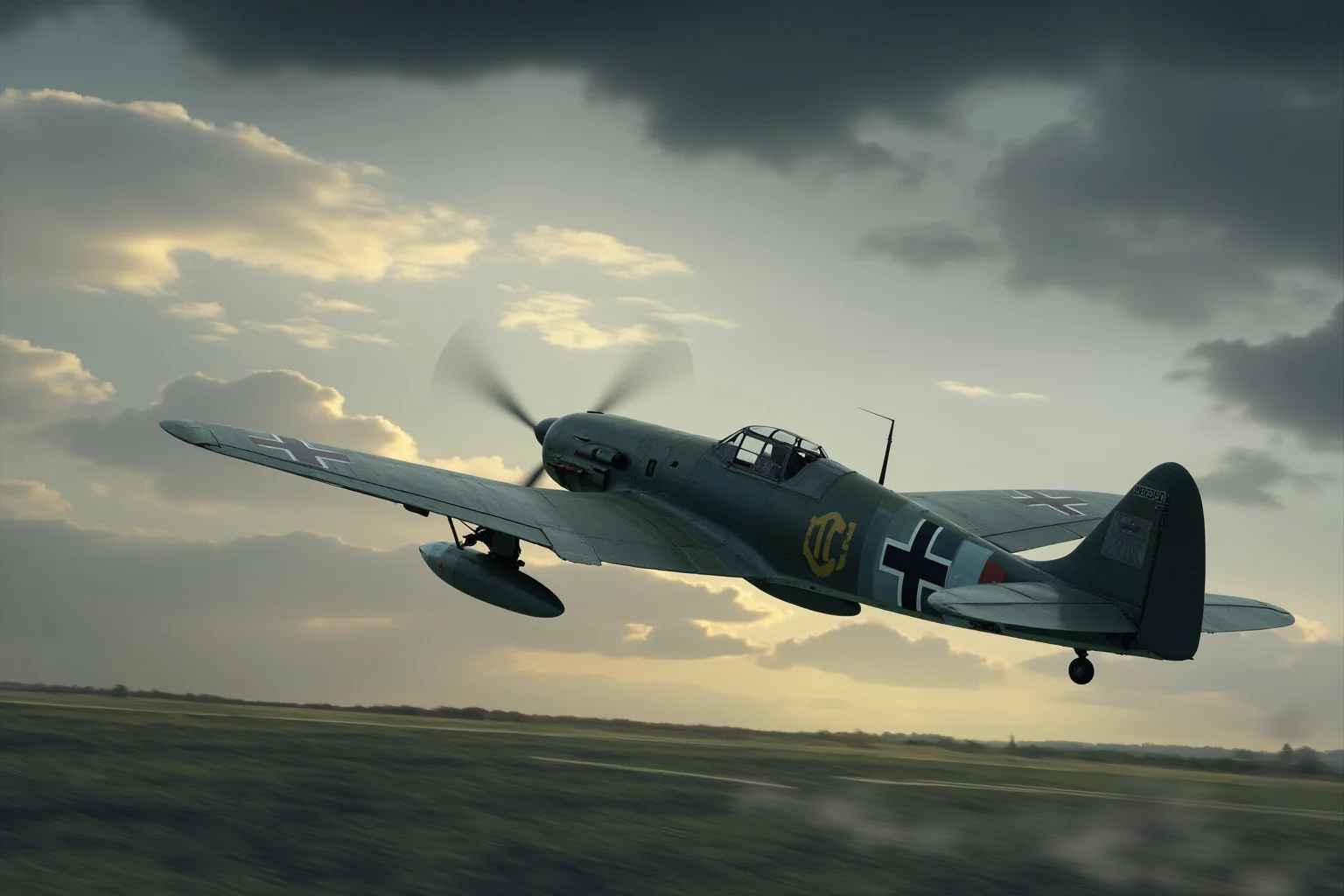 A German Me 262 jet fighter taking off from an airfield in 1944, dramatic sky, historical aviation art