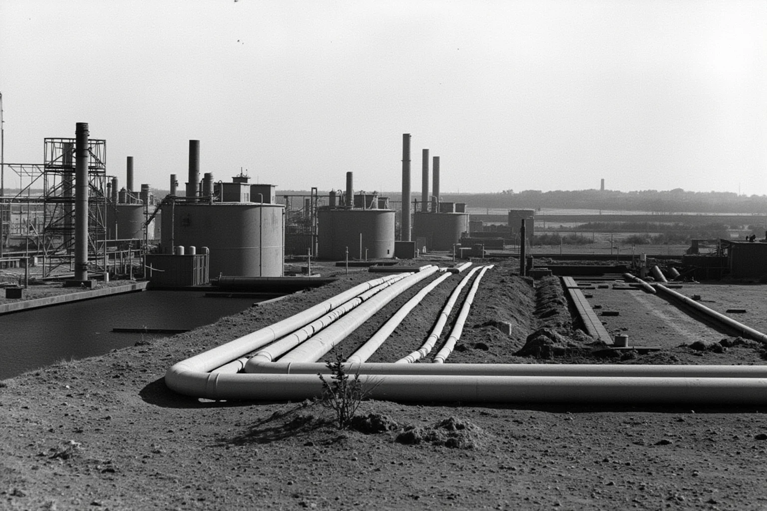 A German synthetic fuel plant with large pipes and tanks, 1940s industrial landscape