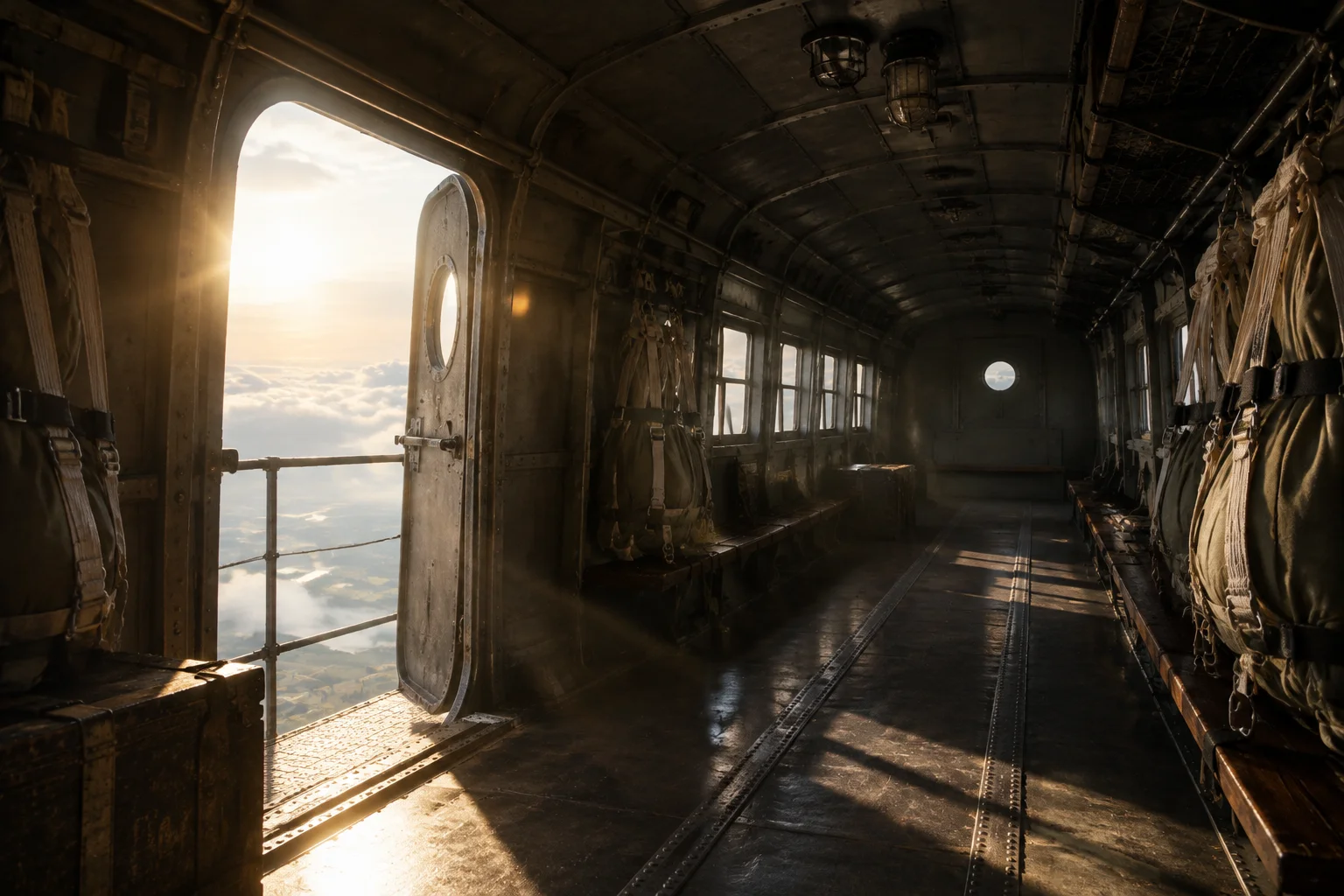 Ghost Blimp 1942: The WWII Blimp That Landed in San Francisco Without a Crew 5 A ghostly, empty blimp gondola interior with an open door, sunlight streaming in, parachutes still stowed, mysterious atmosphere.