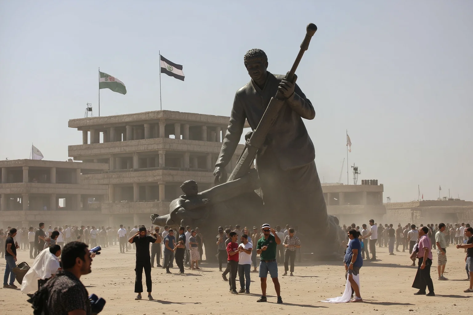22 Evil Dictators Who Were Eventually Overthrown 18 A giant statue of a leader being pulled down by a crowd in a dusty square, symbolizing the fall of Baghdad.
