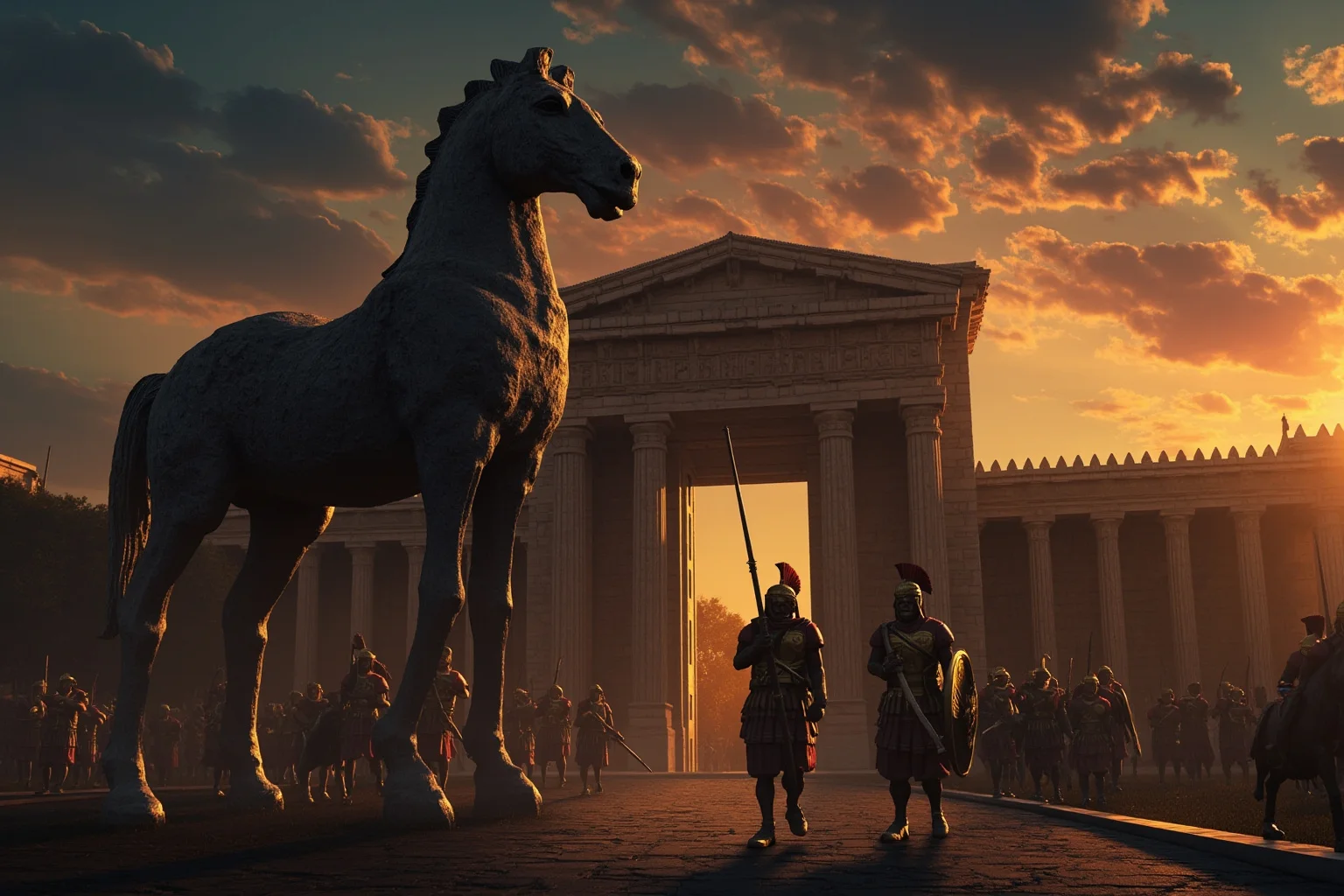 Military Tactics That Seemed Brilliant: 20 That Were Pure Desperation 8 A giant wooden horse outside the gates of Troy at dusk, Greek soldiers hiding inside, ancient epic art style