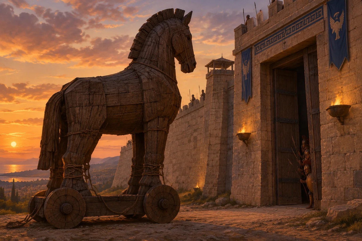 A giant wooden horse outside the gates of an ancient walled city at dusk, soldiers peeking from the gates, safe-for-work illustration in classical Greek style