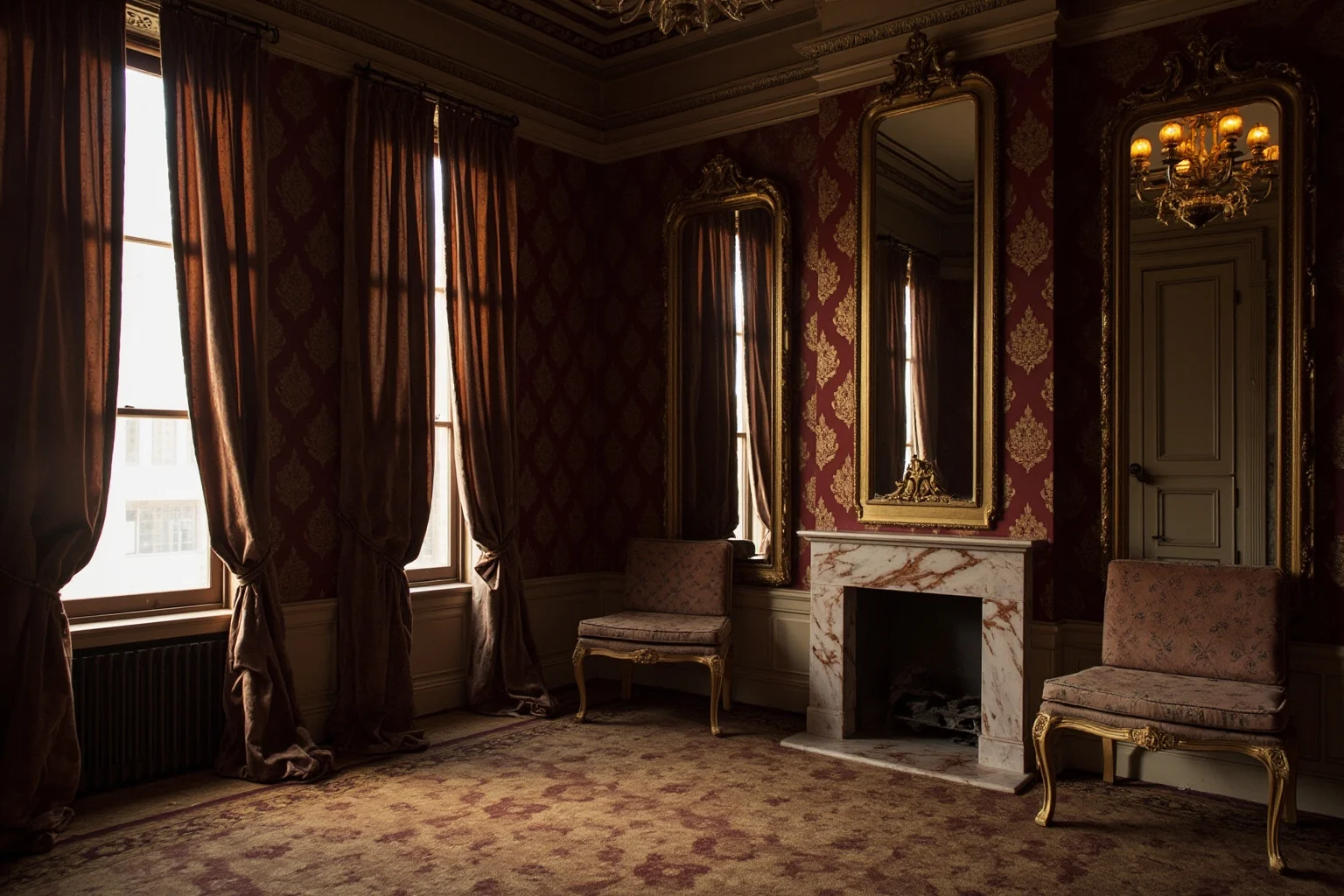Old Money: 24 Hidden Dynasties That Shaped the Course of History 18 A Gilded Age New York drawing room with heavy velvet drapes, gilded mirrors, and a marble fireplace, warm chandelier light, empty room, no people, editorial interior photography.