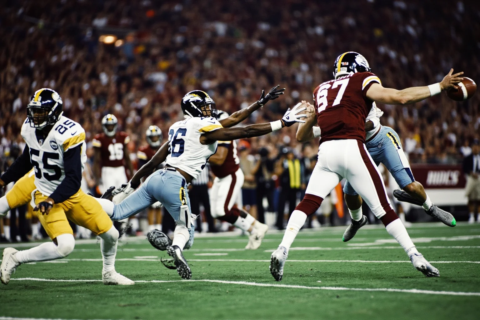A goal-line interception by a defensive back in a crowded end zone, generic uniforms, no real logos or names, tense stadium lighting.