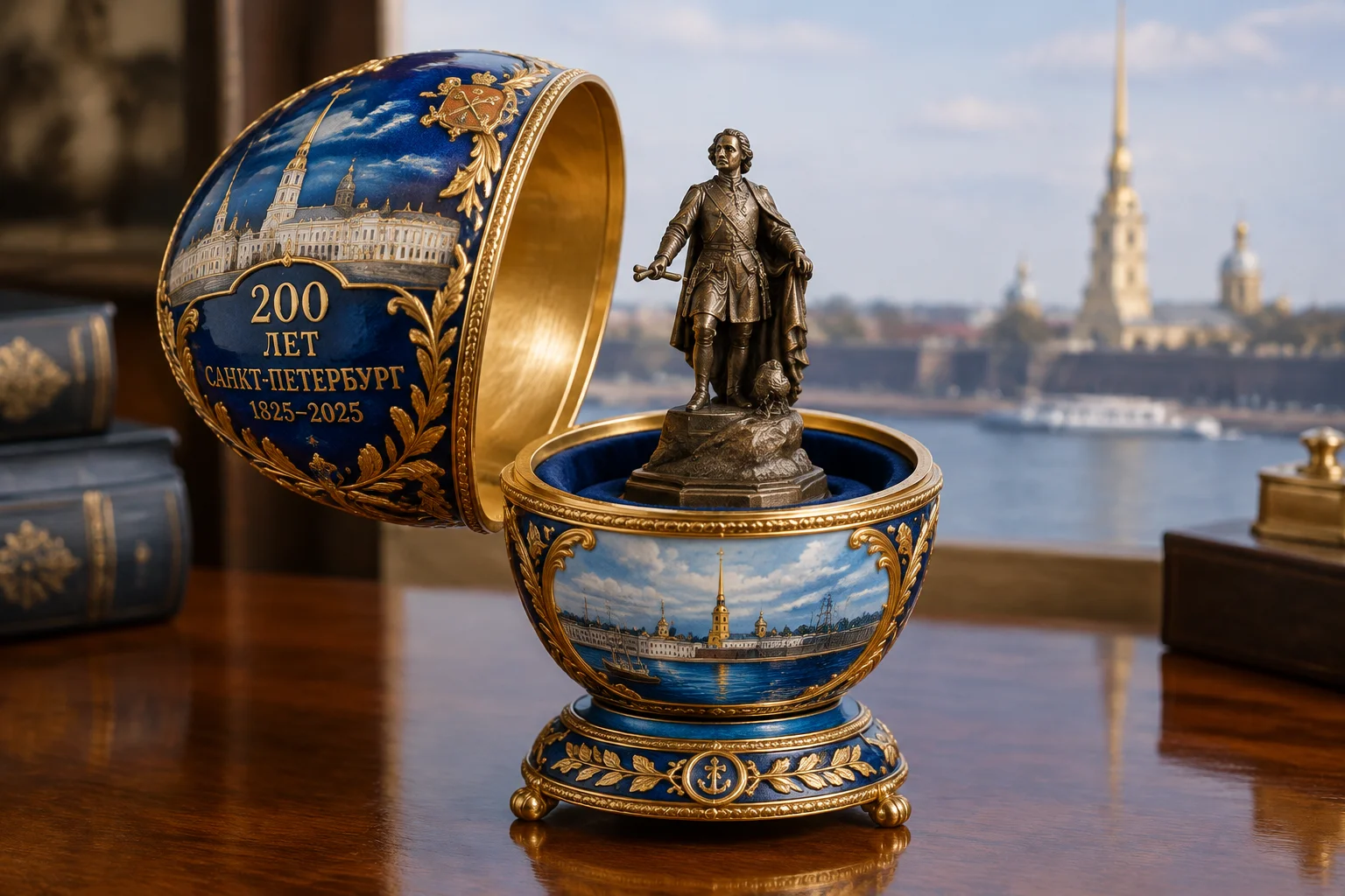 A gold and enamel egg commemorating a city's bicentennial, with a miniature bronze statue of Peter the Great inside.