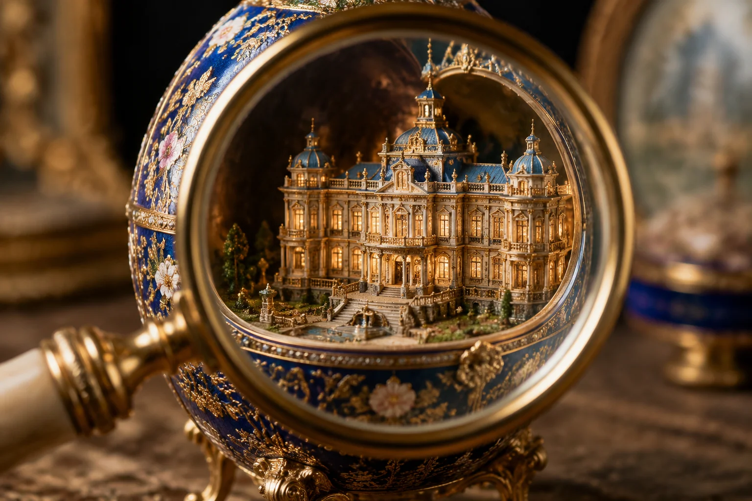 A gold and enamel egg containing a detailed miniature of a palace with tiny windows and balconies, viewed through a magnifying glass.