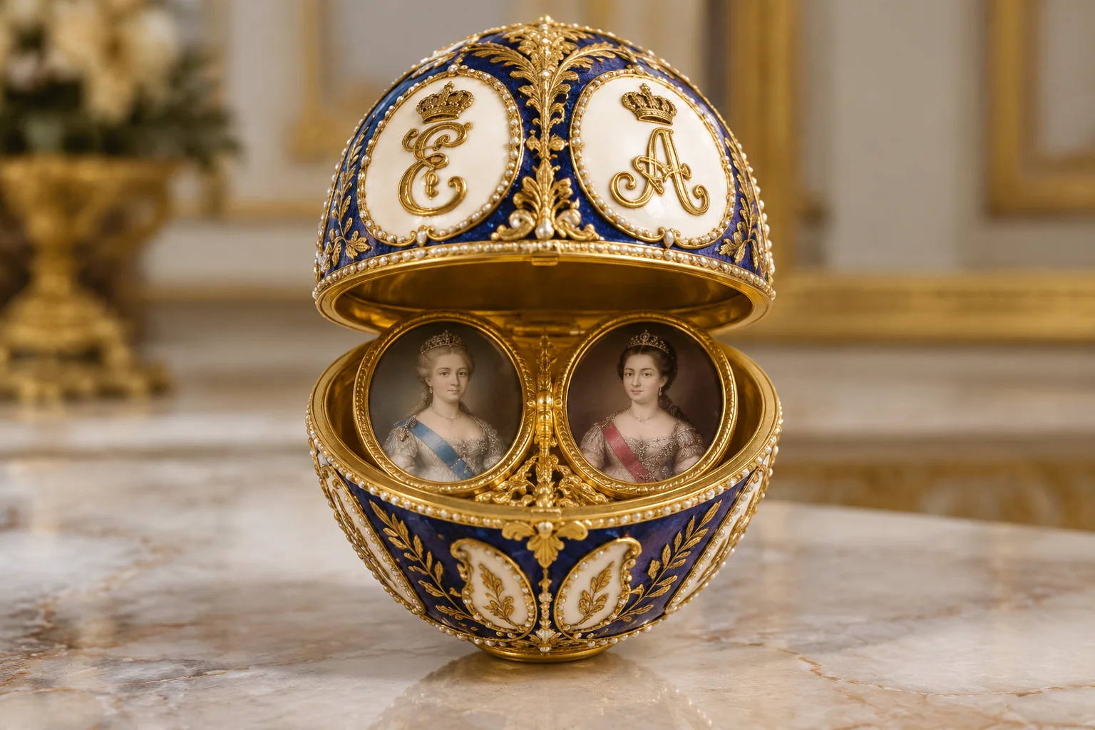 A gold and enamel egg decorated with the monograms of two empresses, with miniature portraits visible inside.