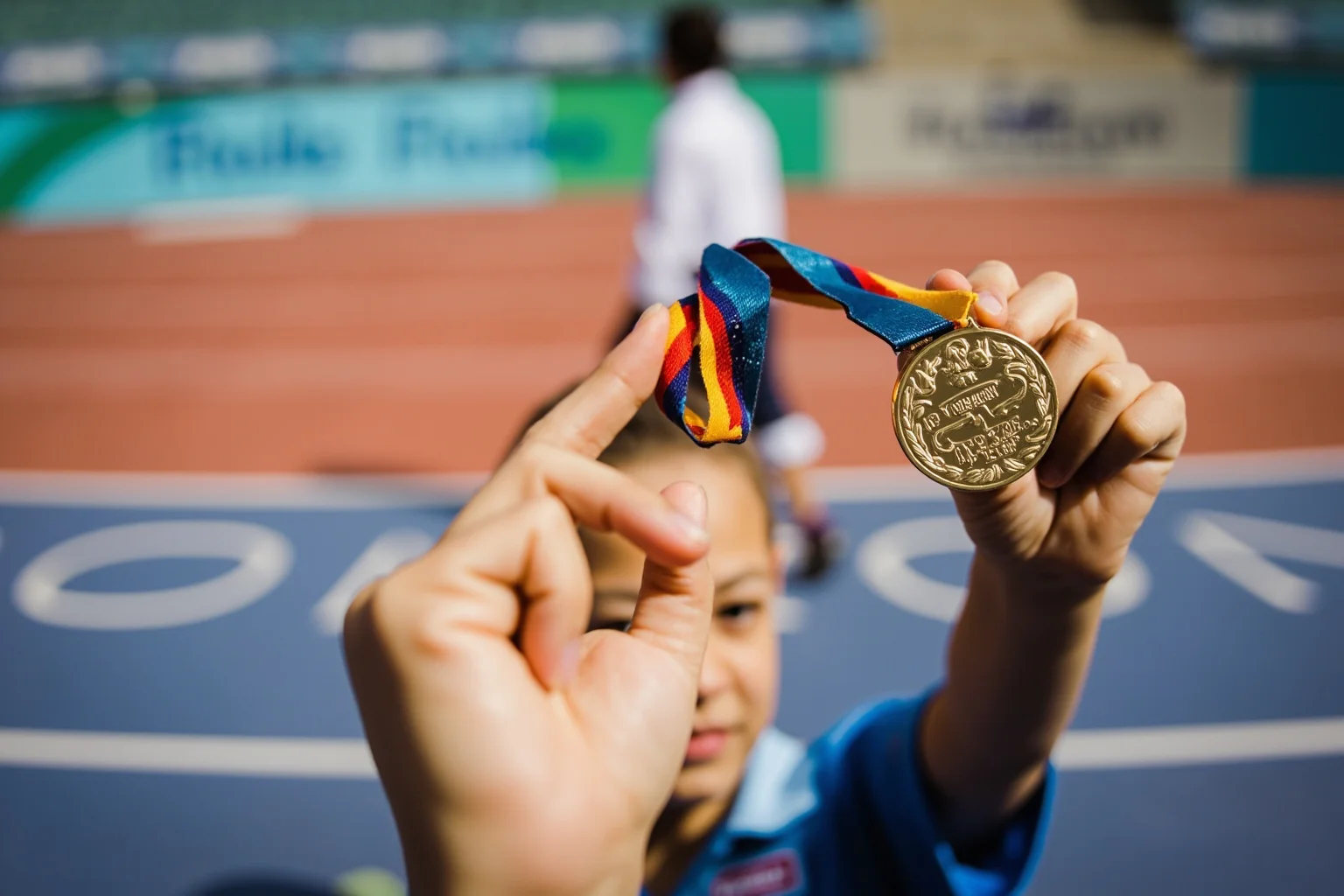 The Weird History of Olympic Medal Designs 20 A gold medal being held up by an athlete, with the stadium in the background.
