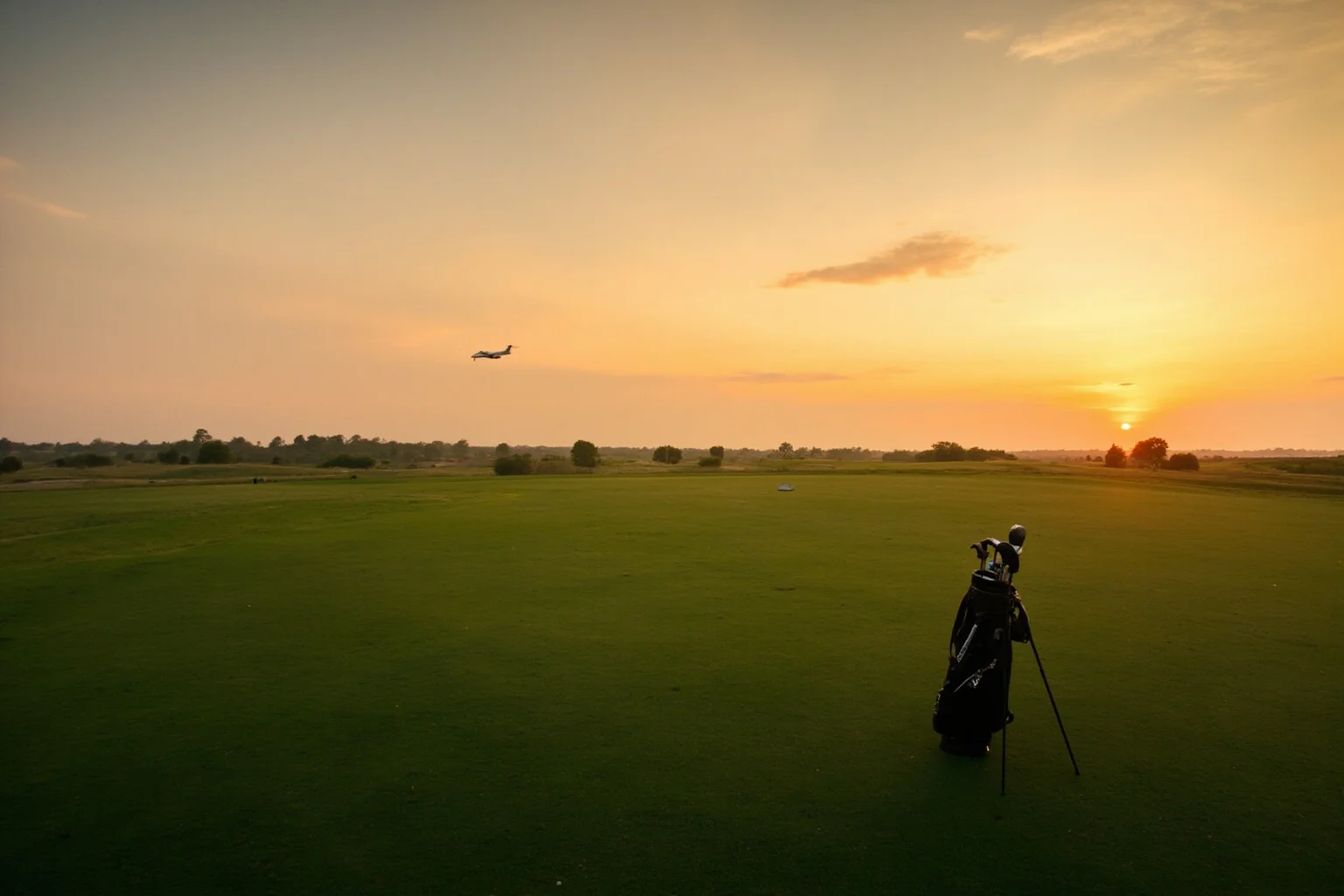 A golf course green at sunset with a golf bag and clubs, a small private jet silhouette in the distant sky, warm golden hour lighting