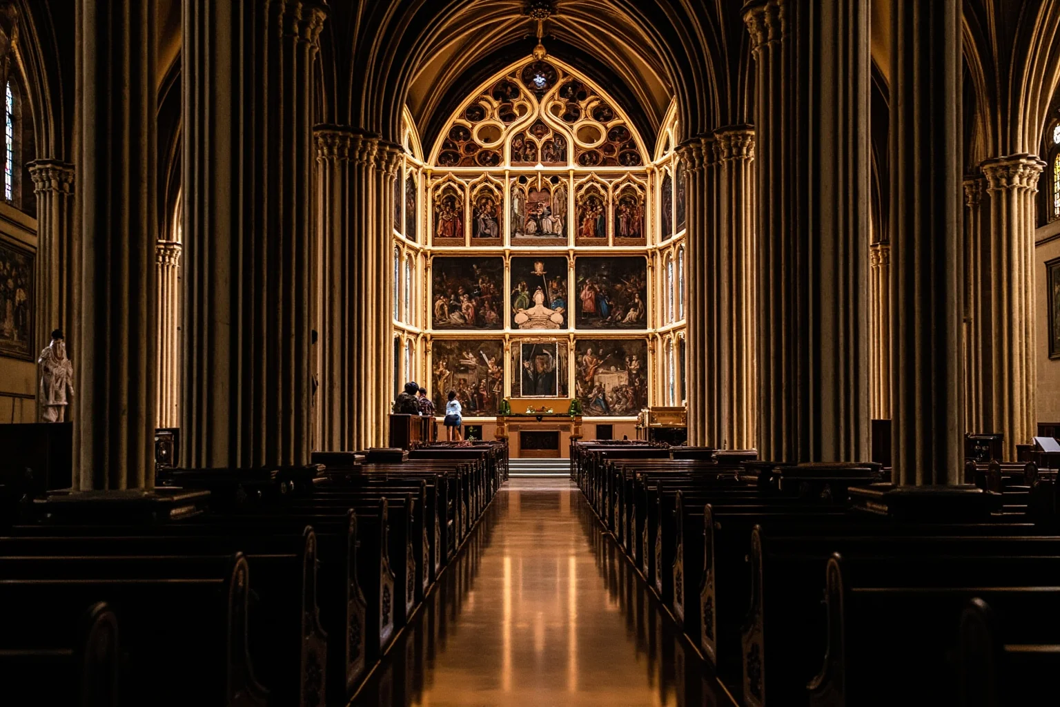 22 Famous Paintings That Were Stolen — Including 10 That Were Never Recovered 18 A Gothic cathedral nave with a large multi-panel altarpiece missing one framed scene, a plain copy inserted in its place, colored light from stained glass.